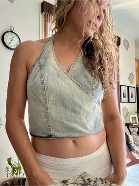 Denim ZARA Halter Wrap Crop Top - Light Blue